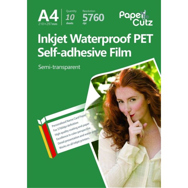 A4 Inkjet Waterproof PET Self Adhesive Film (semi-transparent) - 10 Sheets - Sticky