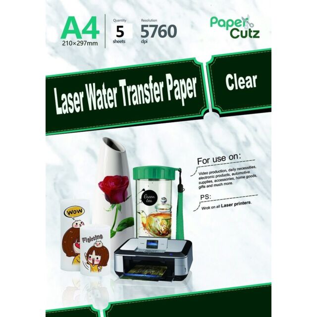 A4 Water Slide Decal Paper Clear Laser Print - 5 Sheets