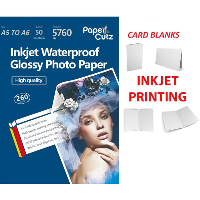 High Quality A5 To A6 Gloss 260GSM Card Blanks, INKJET, Professional Photo Paper - PACK SIZE : 50 Card Blanks