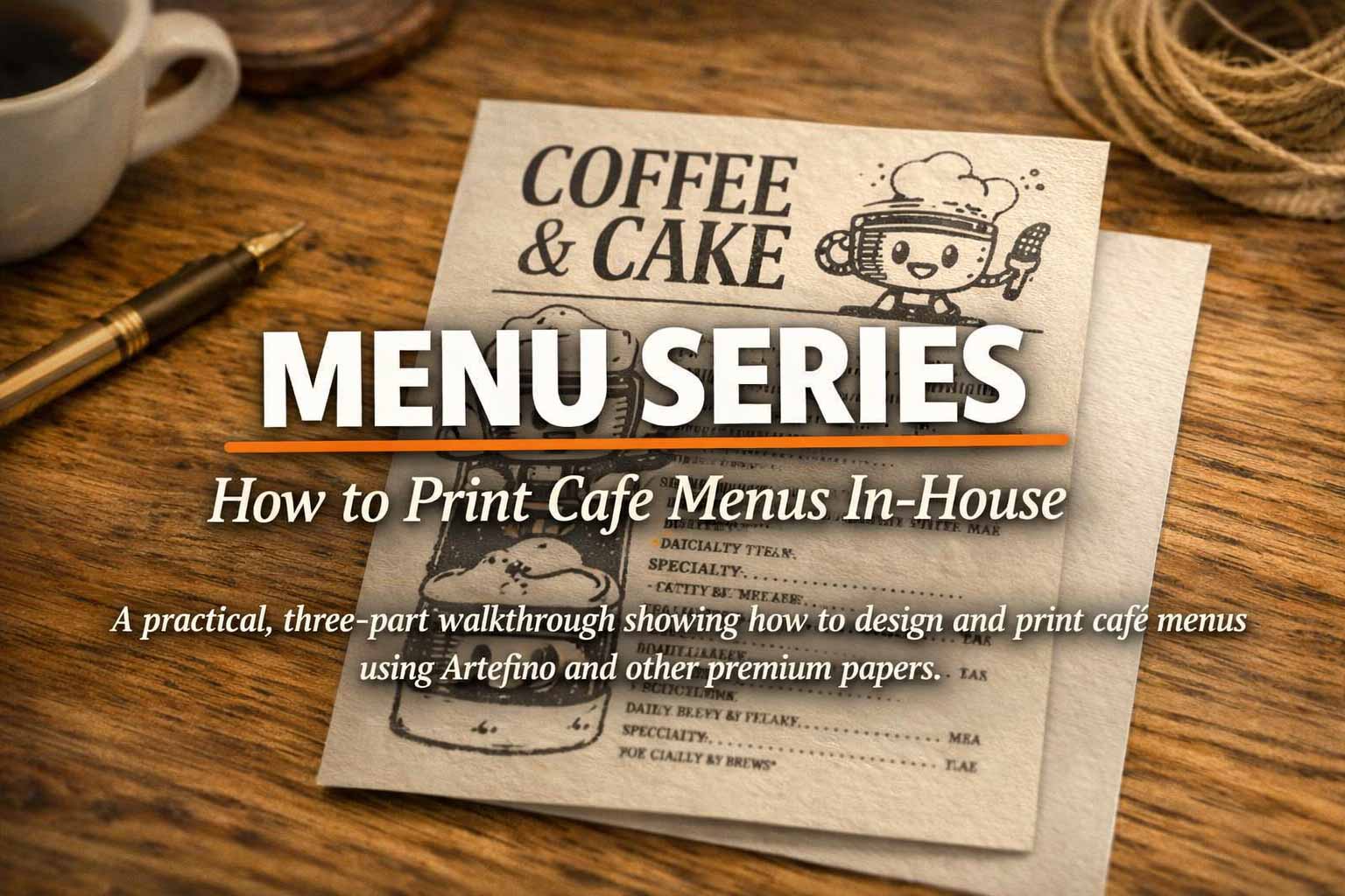 Printed menu on Artefino, warm desk scene.