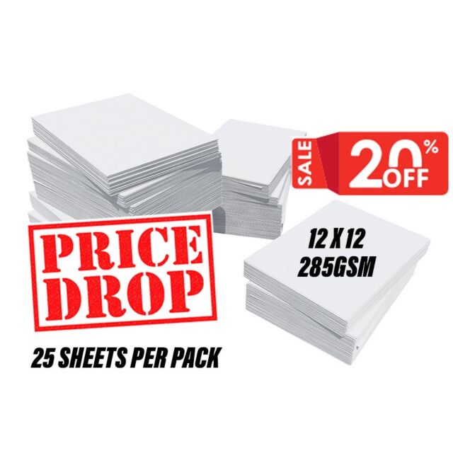 12 Inch Square Thick White Card 285GSM for Alcohol based Pens Pack Size : 25 Sheets