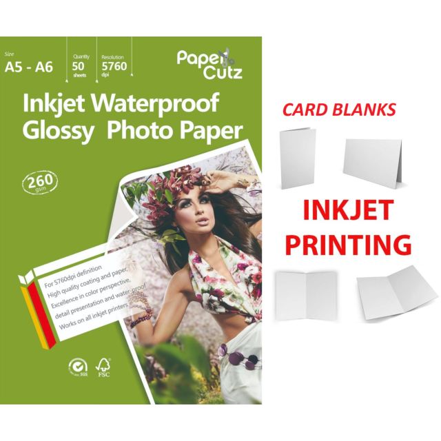 A5 to A6 Gloss 260GSM Card Blanks, INKJET, Professional Photo Paper - PACK SIZE : 50 Card Blanks